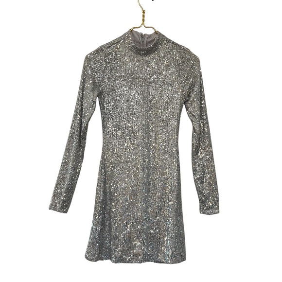 Abercrombie & Fitch Silver Sequin Long Sleeve Mock Neck Mini Dress NWT - Picture 3 of 12
